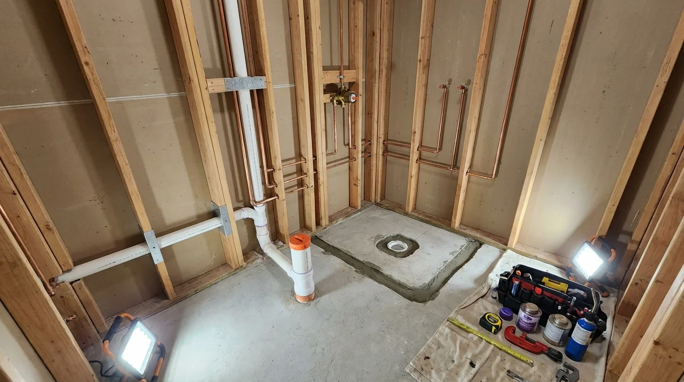 Bathroom rough-in plumbing during remodel by Johns Plumbing LLC in Manchester Center
