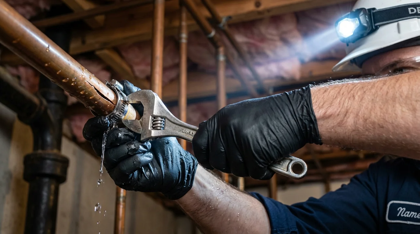 Emergency pipe clamp repair being performed by a Johns Plumbing LLC plumber in Manchester Center