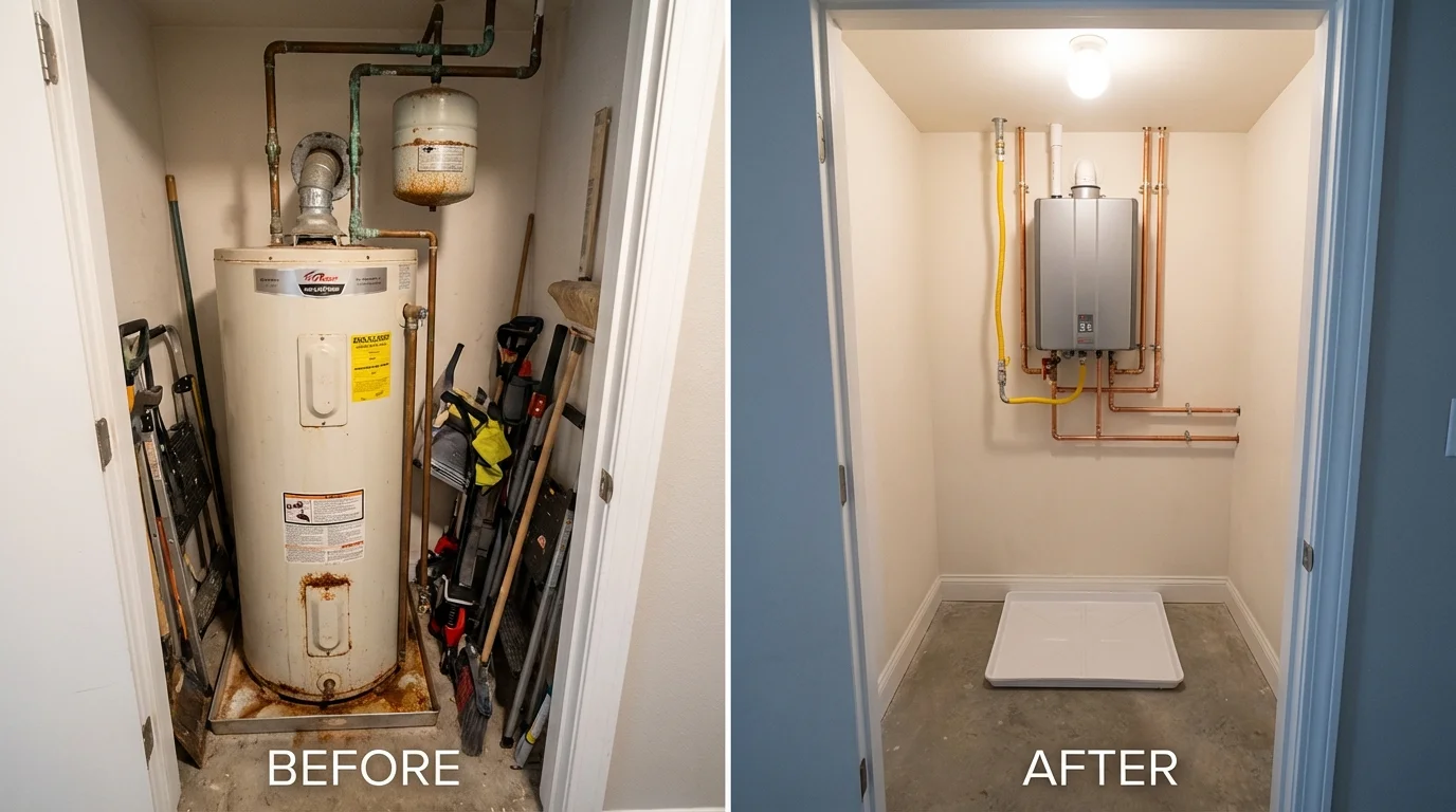 Tank water heater versus wall-mounted tankless unit comparison for Manchester Center, VT homeowners