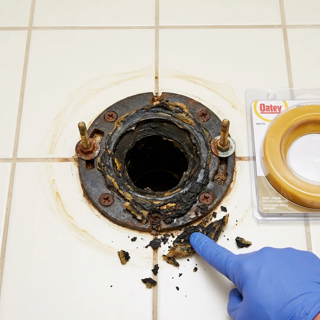 Failed wax ring showing water seepage at the base of a toilet in a Manchester Center, VT home