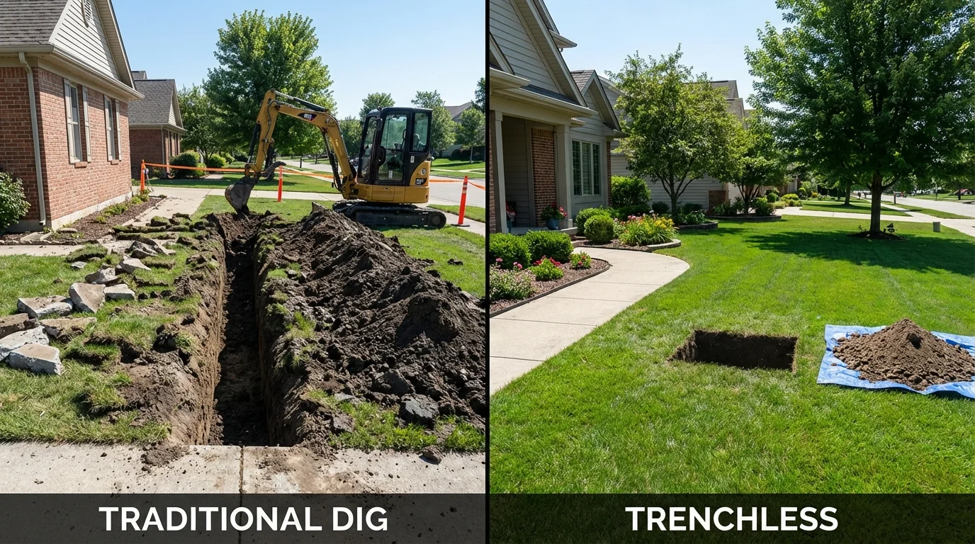 Trenchless sewer repair with minimal yard damage versus traditional excavation in Manchester Center, VT
