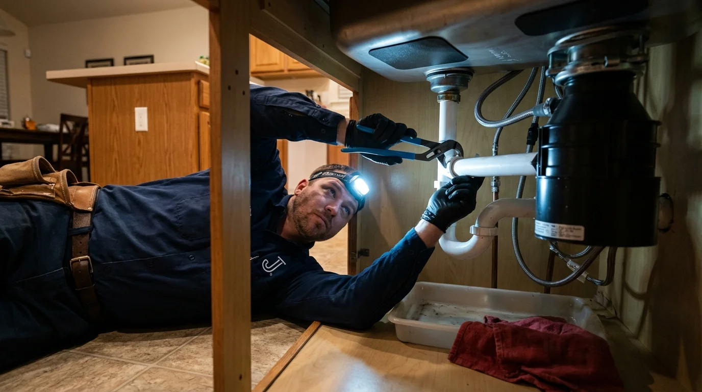P-trap and supply line connections under a kitchen sink showing a common leak point in Manchester Center, VT